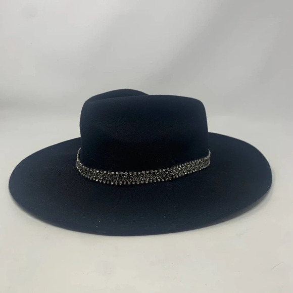 Zara Hat Wool Fedora Hat with Crystals Rhinestones‎ Wide Brim Black Size Small - Picture 2 of 6